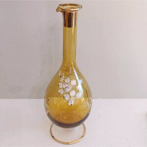 Vtg Italy Hand Blown Glass Wine Decanter Amber Gold White Floral Hand Painted